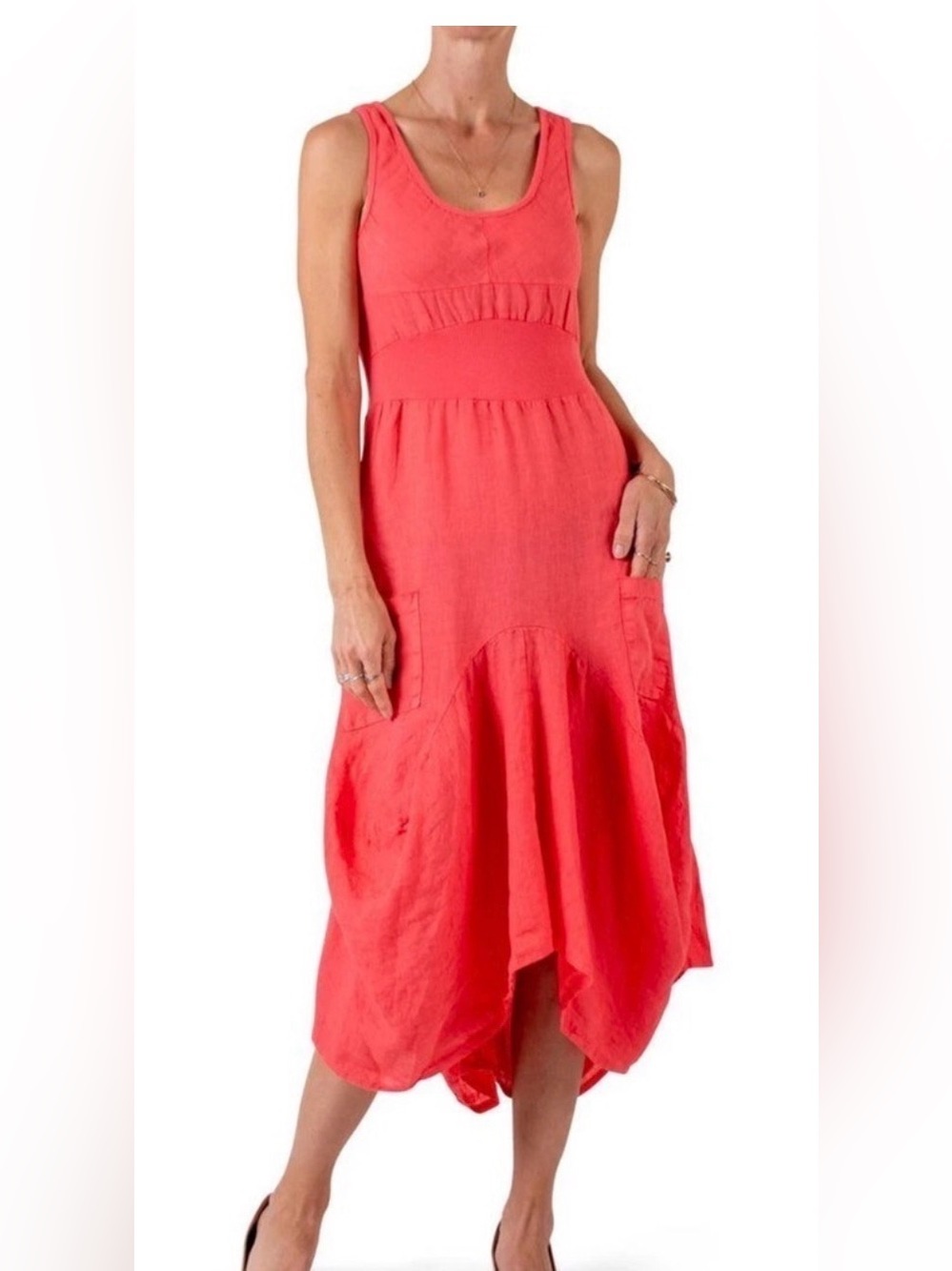 INIZIO Coral 2 Pocket Linen Magic Sleeveless Midi Dress M
